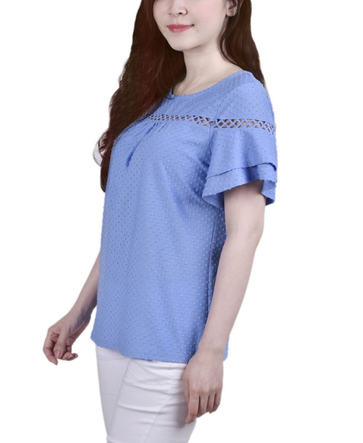 Petite Short Double Flutter Sleeve Swiss Dot Top