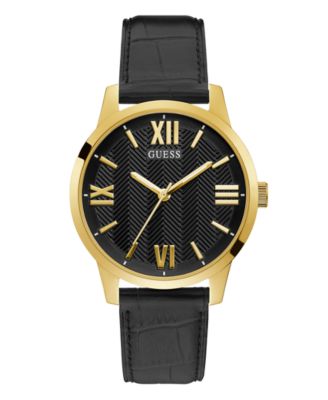 GUESS - Men's Gold-Tone Black Leather Watch 42mm