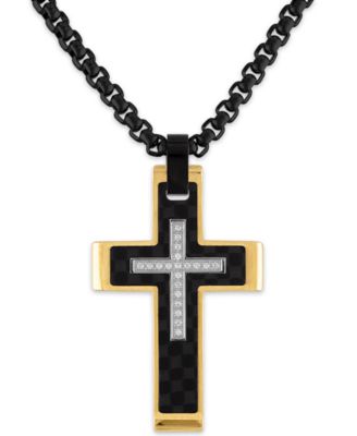 Esquire Men's Jewelry - Diamond Cross 22" Pendant Necklace (1/10 ct. t.w.) in Stainless Steel, Black Carbon Fiber or Gold-Tone & Rose Ion-Plated Stainless Steel