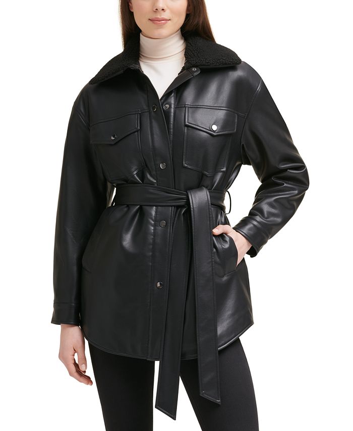 Faux Fur Trim Shirt Jacket, Leather Belted Fur Trim Coat