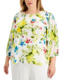 Plus Size Floral-Print Smocked-Shoulder Top