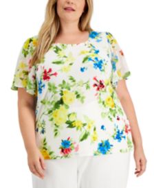 Plus Size Floral-Print Flutter-Sleeve Top