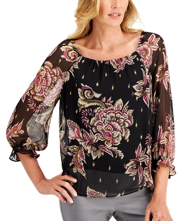 Jm Collection Printed Sheer Sleeve Top Created For Macys And Reviews Tops Women Macys 