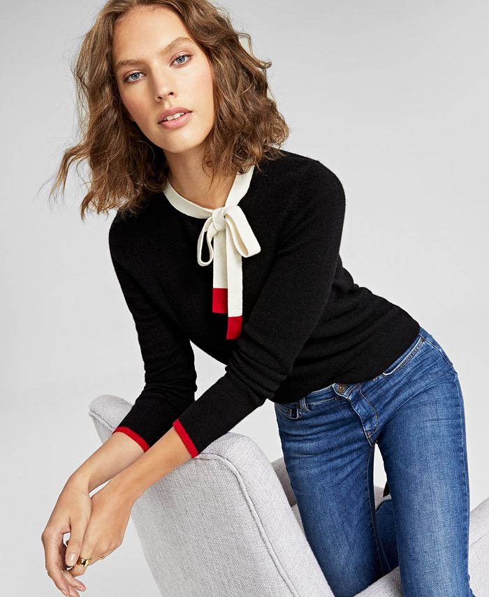 Charter Club Bow Detail Colorblocked Cashmere Sweater, Created for Macy's Macy's