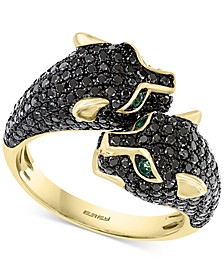 EFFY® Black Diamond (1-1/2 ct. t.w.) & Emerald (1/20 ct. t.w.) Double Panther Head Ring in 14k Gold