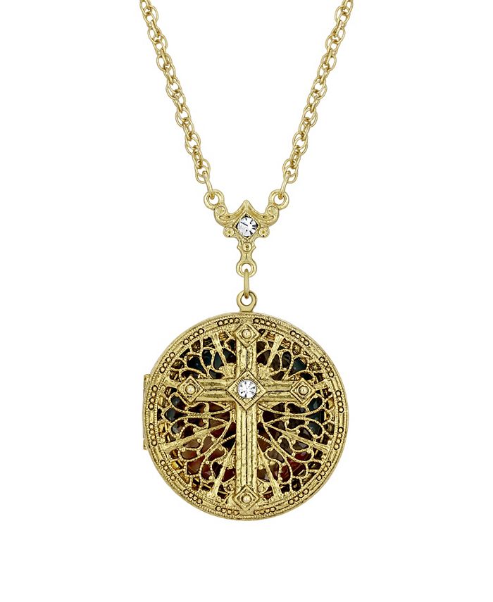 Symbols of Faith 14K Gold Dipped Crystal Cross Round Locket Necklace ...