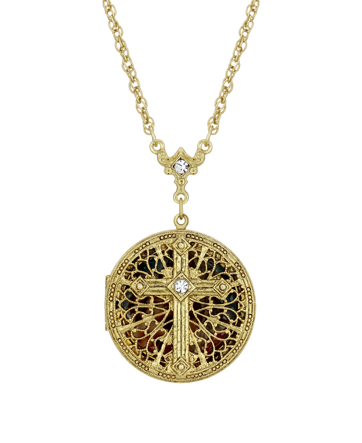 14K Gold Dipped Crystal Cross Round Locket Necklace - White