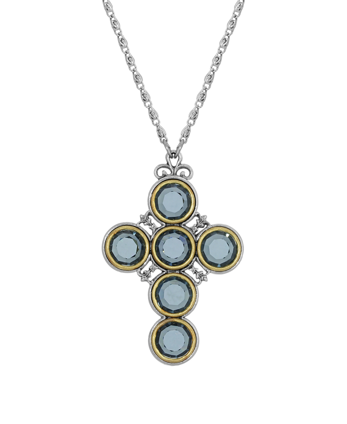 Pewter Cross with Round Blue Crystal Necklace - Blue
