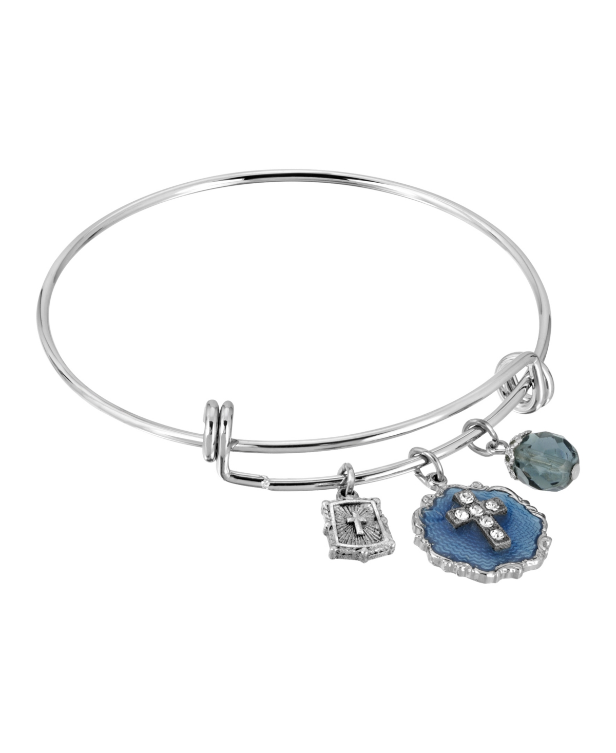 Silver-Tone Blue Enamel Crystal Cross Beaded Slide Charm Bracelet - Blue