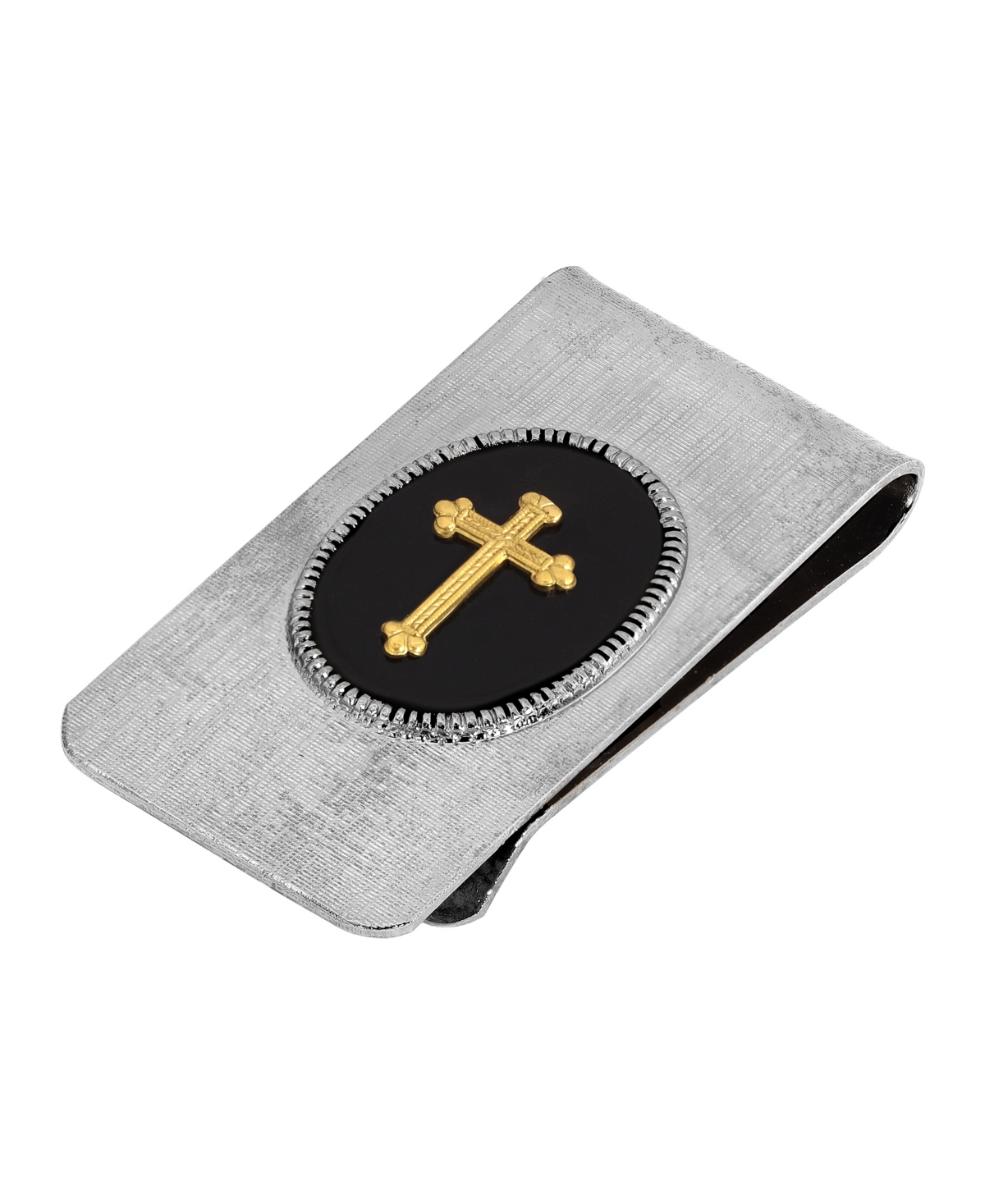 Symbols Of Faith Men's Silver-tone Black Enamel Gold-tone Cross Money Clip