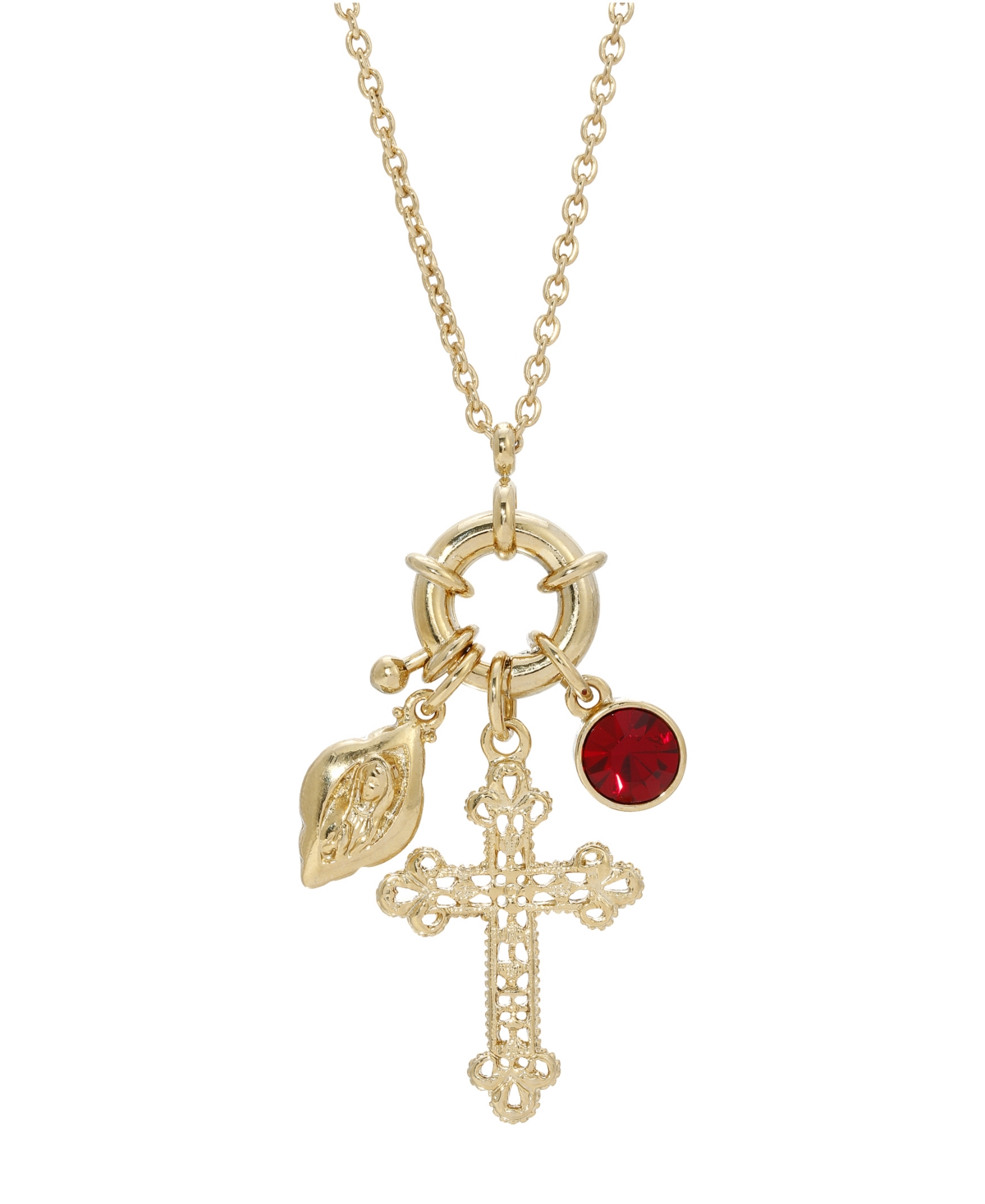 14K Gold-Dipped Red Stone and Cross Charm Necklace - Red