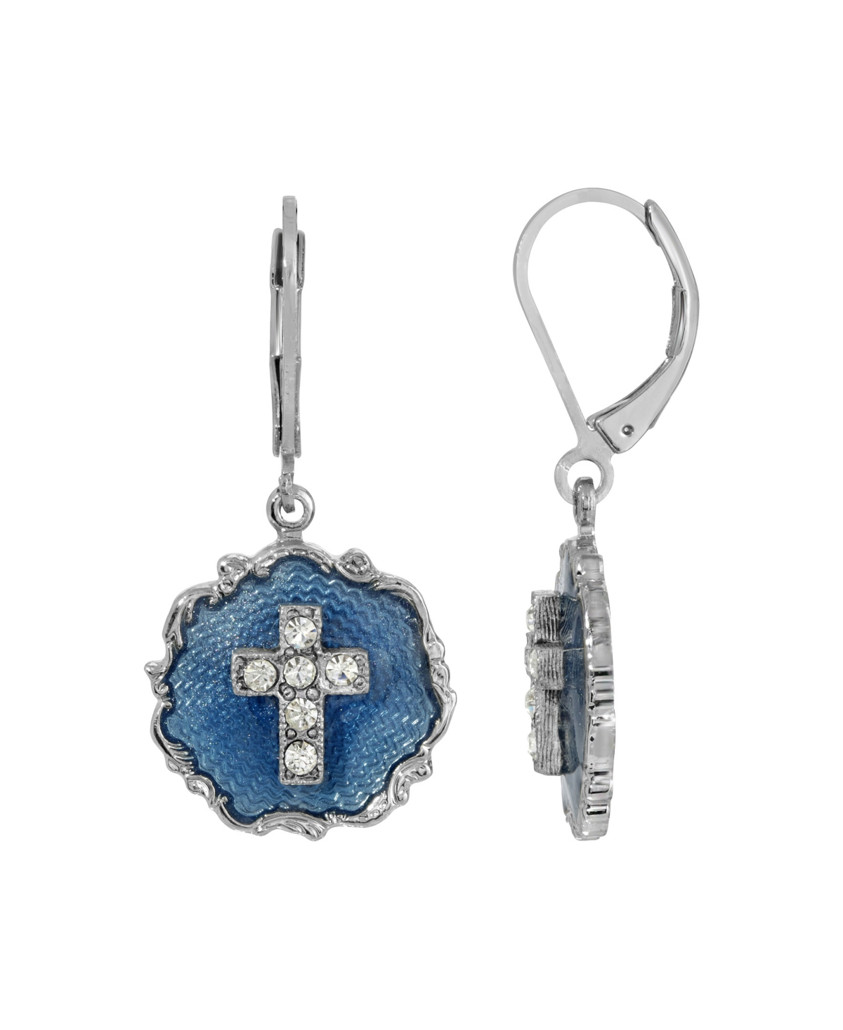 Silver-Tone Blue Enamel Crystal Cross Round Earrings - Blue