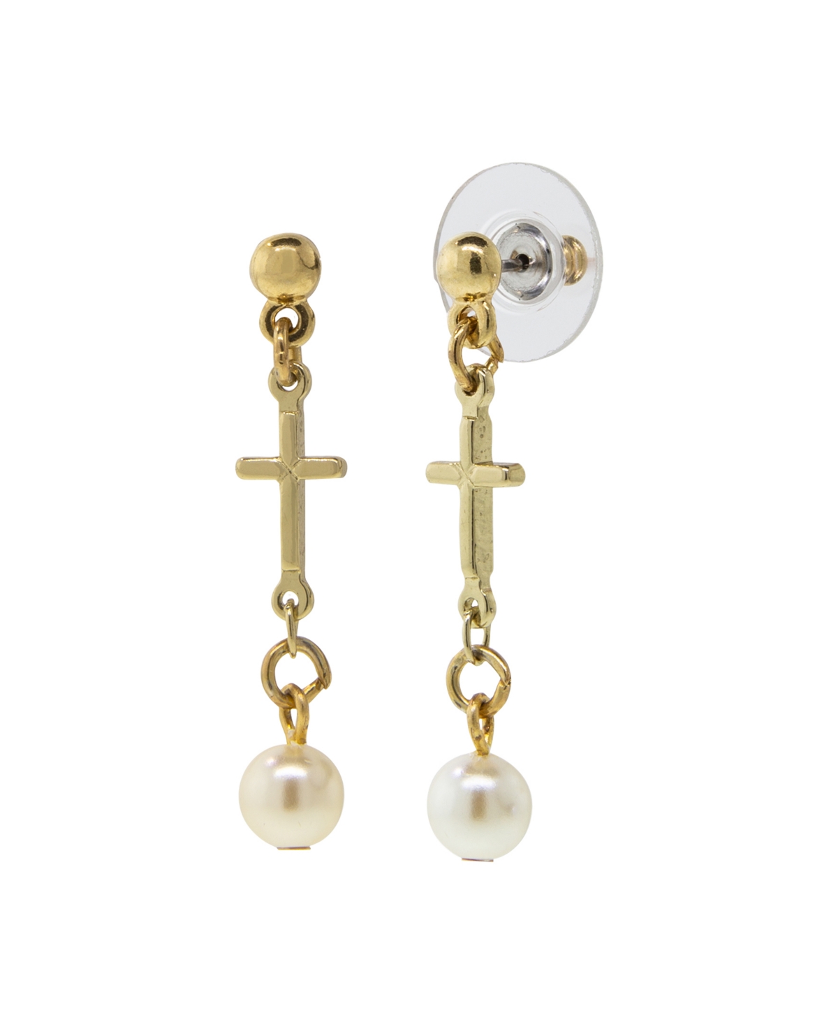 14K Gold Dipped Cross Drop Imitation Pearl Earrings - White