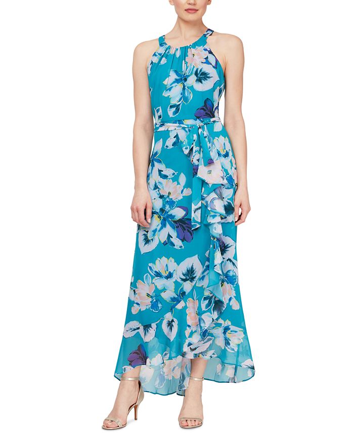SL Fashions Floral-Print Halter-Neck Side-Tie Ruffled-Hem Maxi Dress ...