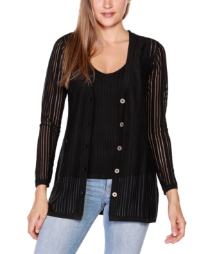 Belldini Black Label Petite Striped Long Sleeve Button-Front Cardigan Sweater