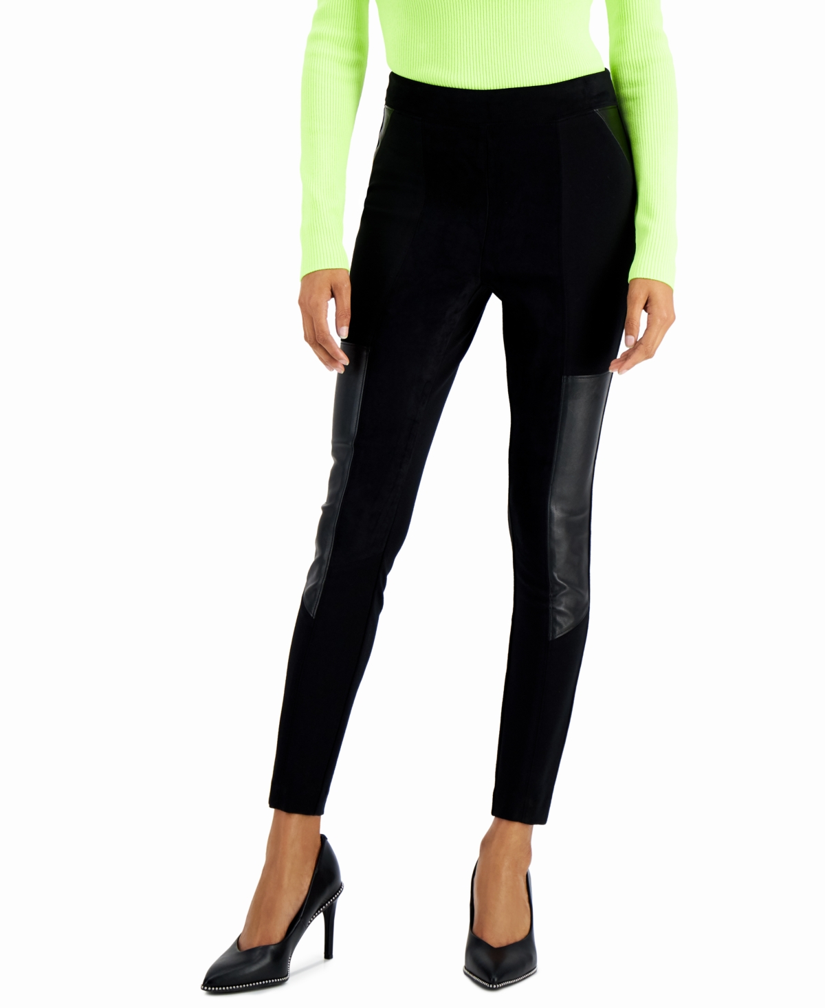 Bar Iii Petite Faux-leather-patch Leggings, Created For Macy's In Deep Black