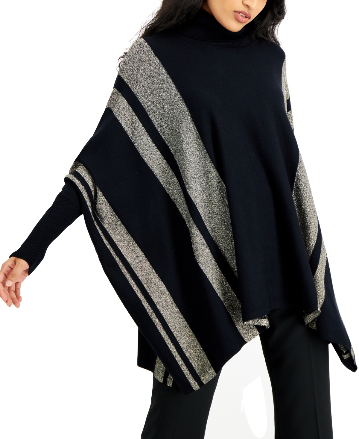 Alfani Striped Turtleneck Poncho Sweater Created for Macy s Red Burgundy Smart Closet