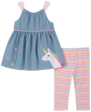 Kids Headquarters Little Girls 2-Piece Stretch Chambray Tunic Top and Striped Capri Leggings Set