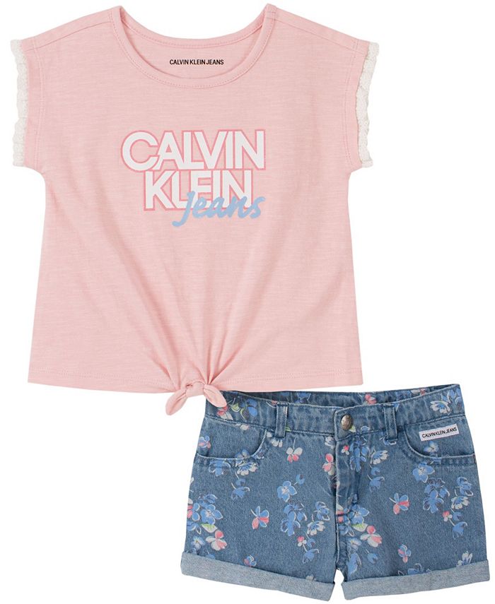 Calvin Klein Little Girls Tie-Front T-shirt and Floral Denim Shorts Set ...
