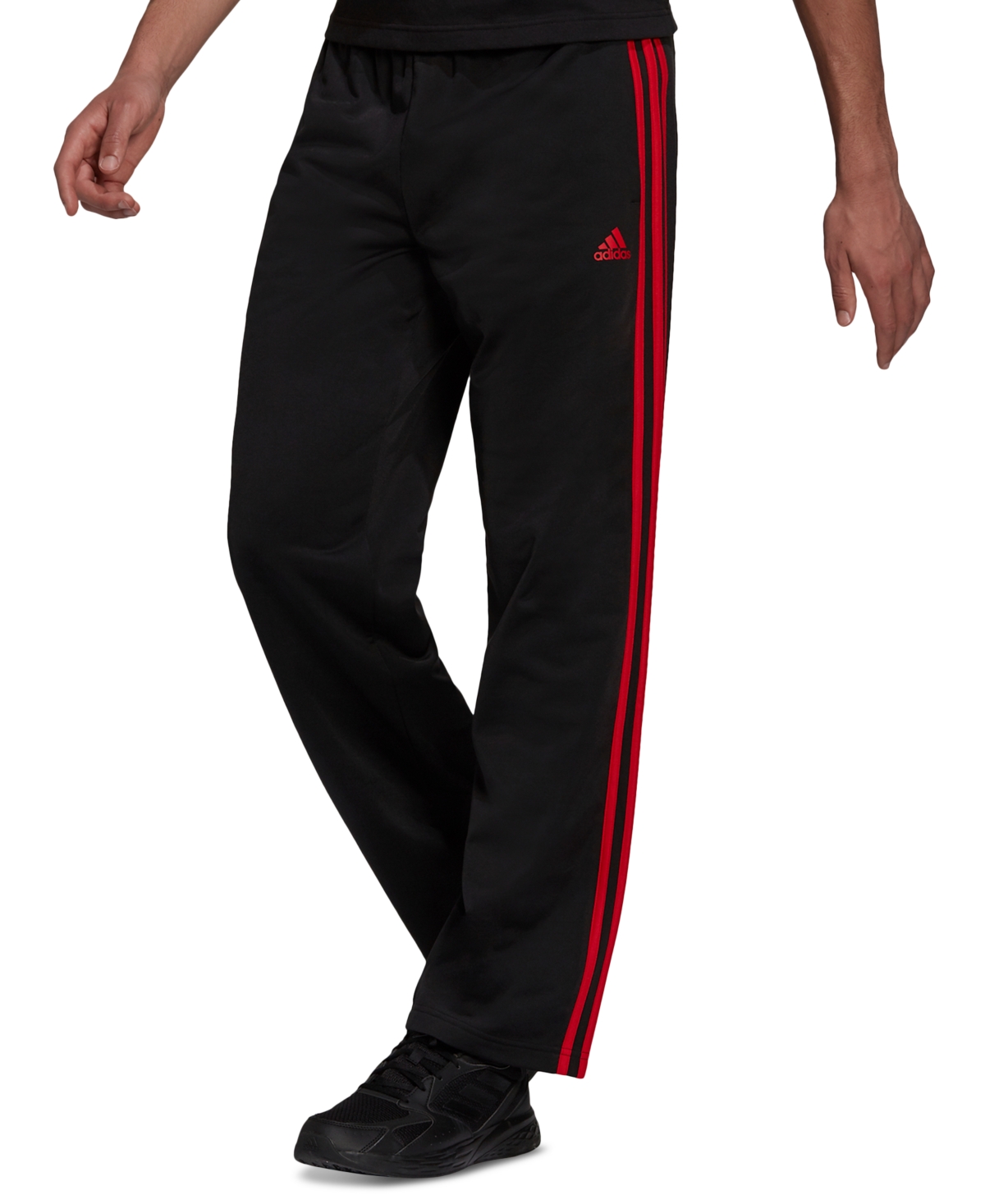 Shop Adidas Originals Men's Primegreen Essentials Warm-up Open Hem 3-stripes Track Pants In Black,scarlet