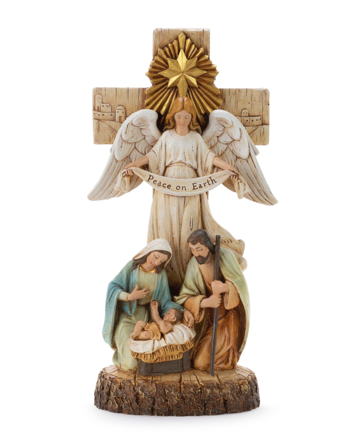 Napco Holy Family Angel With Cross Figurine In White,gold,blue