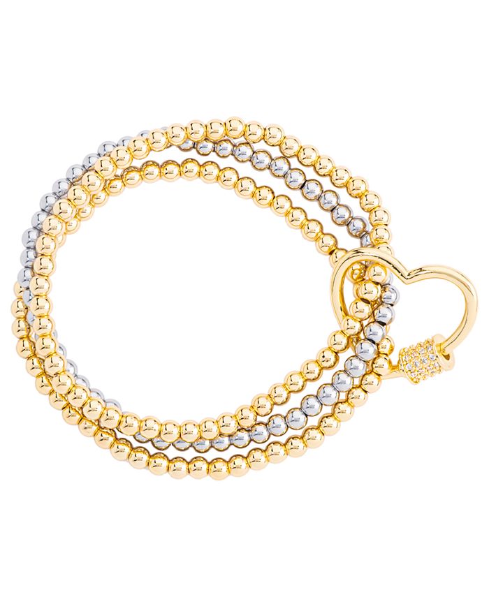Macy's Two Tone Triple Beaded Bracelet with Heart Charm in Gold Silver