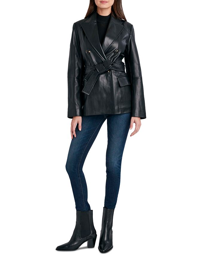 Tahari Halee Double-Breasted Leather Coat & Reviews - Coats & Jackets ...