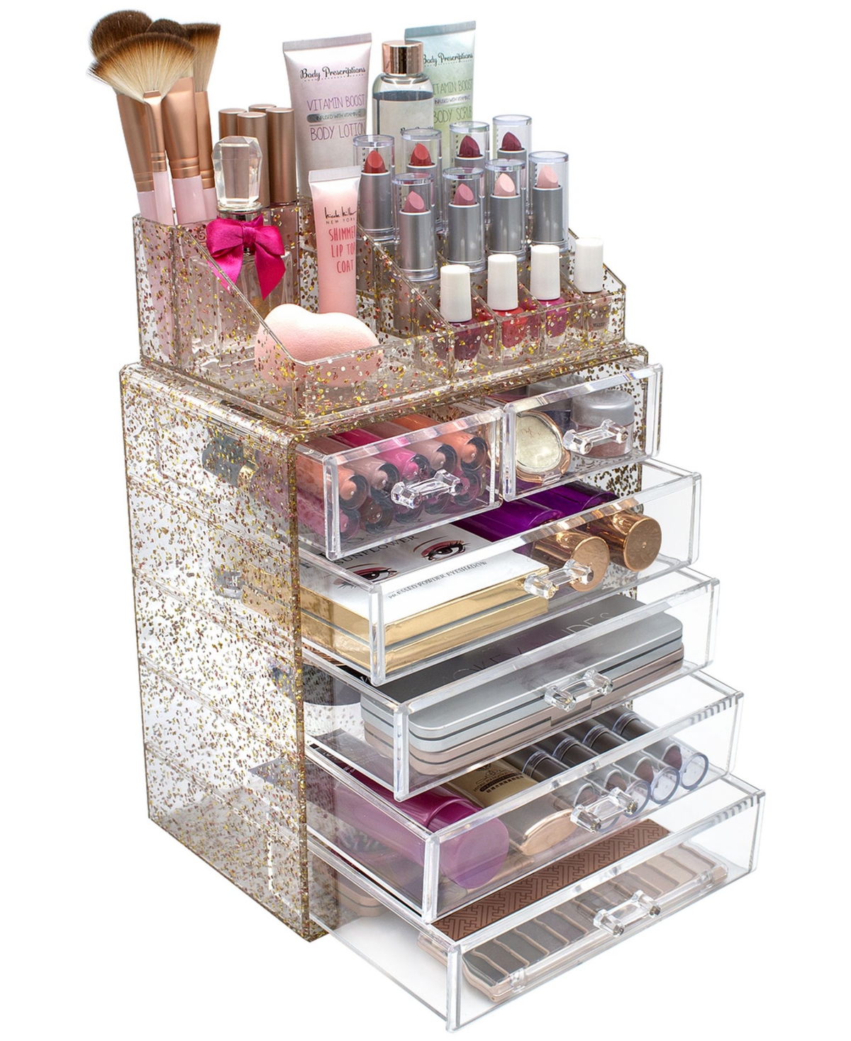 Sorbus 2 Piece Acrylic Makeup and Jewelry Storage Organizer Case (6 Drawers and Lipstick Tray) - Tie Dye Pink