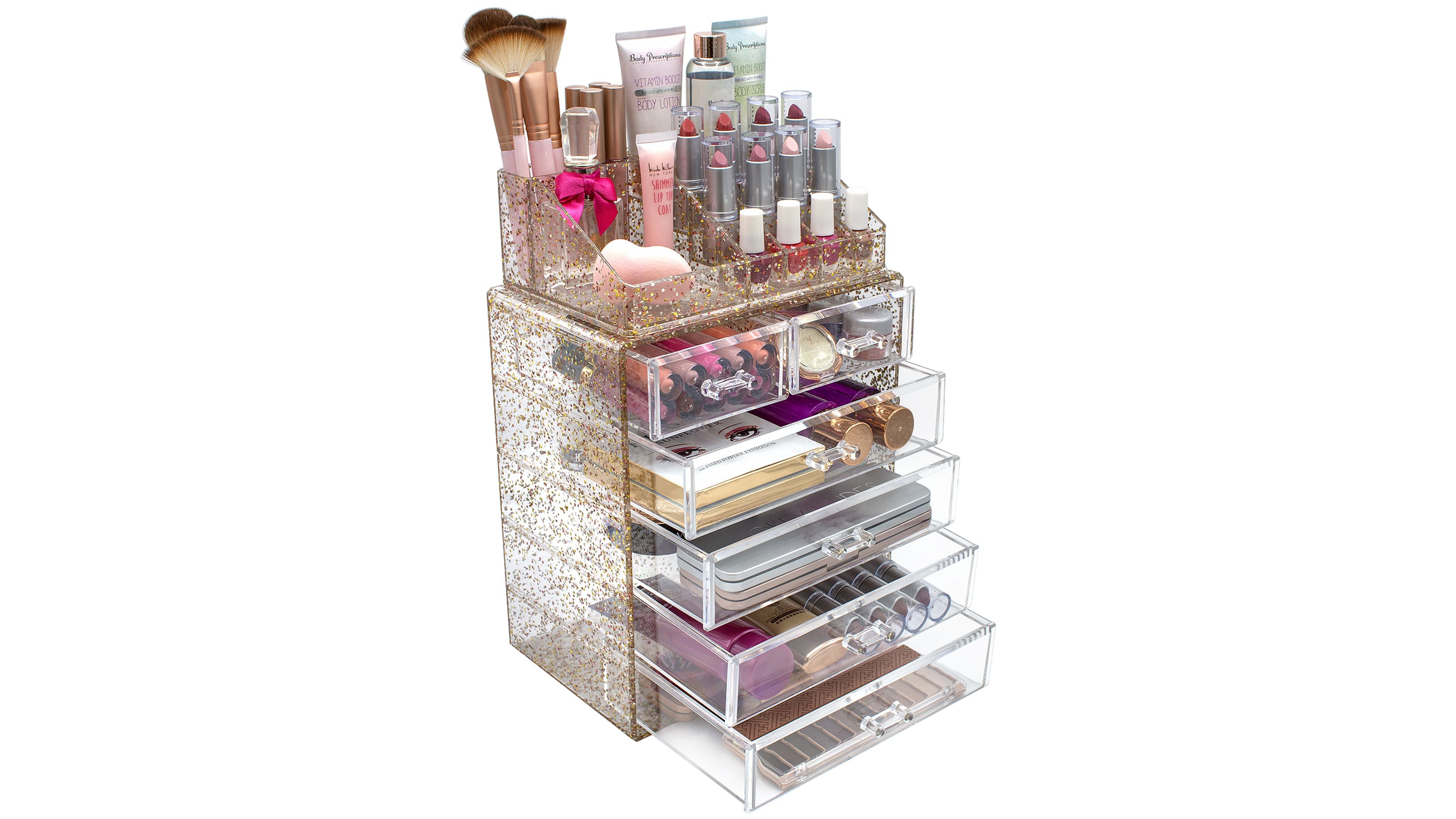 Sorbus 2 Piece Acrylic Makeup and Jewelry Storage Organizer Case (6 Drawers and Lipstick Tray) - Tie Dye Pink