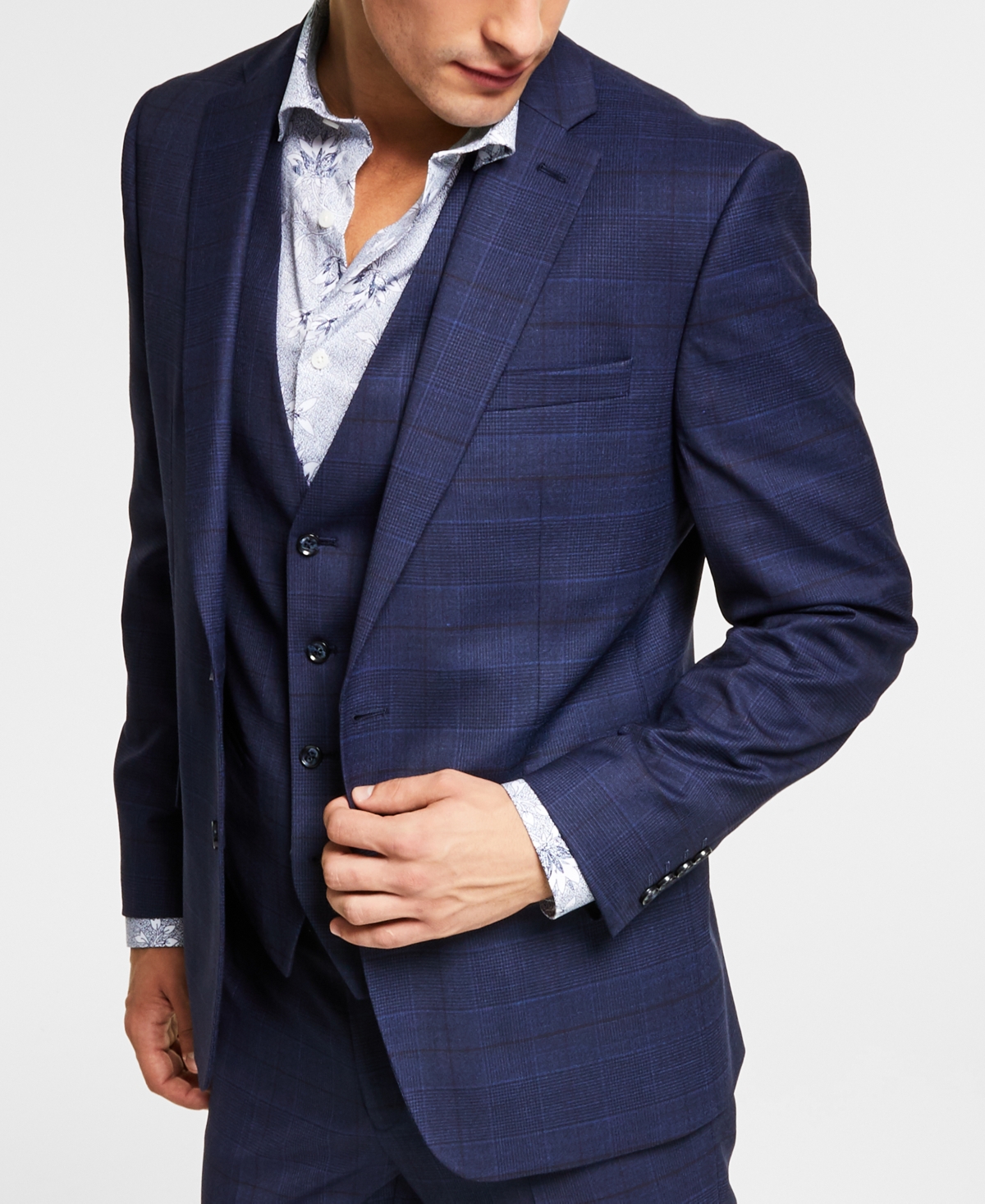 Men's Slim-Fit Wool Suit Jacket, Created for Macy's - Navy Plaid