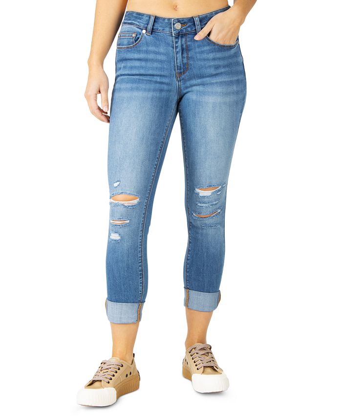 Indigo Rein Juniors' Destructed Mid-Rise Rolled-Cuff Skinny Jeans - Macy's