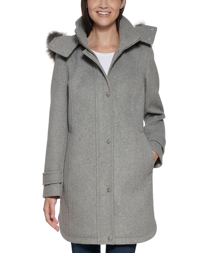 Cole Haan Women S Faux Fur Trim Hooded, Gray Wool Women S Coat With Hood