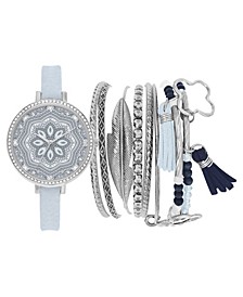 Women's Analog Blue Strap Watch 34mm with Mandala Dial and Stackable Bracelets Set