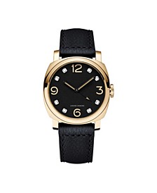 Men's Bezel Round Diamond Gold-Tone Black Leather Analog Watch, 44mm