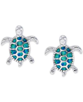Lab-Created Blue Opal Turtle Stud Earrings in Sterling Silver