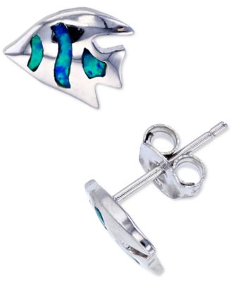 Lab-Created Blue Opal Fish Stud Earrings in Sterling Silver