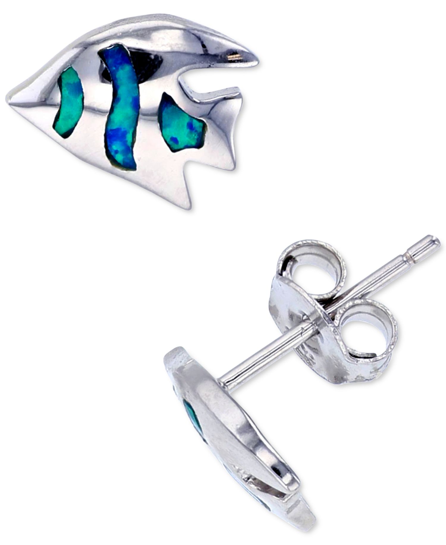 Lab-Created Blue Opal Fish Stud Earrings in Sterling Silver