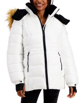 Juniors' Faux-Fur-Trim Hooded Shine Puffer Coat, Created for Macy's