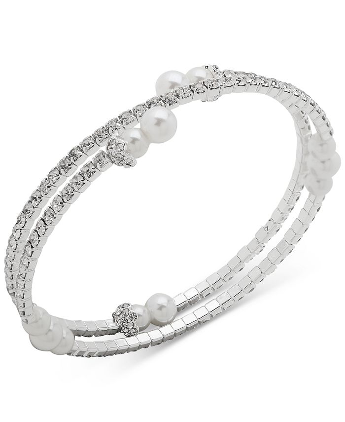 Anne Klein Silver-Tone Imitation Pearl & Crystal Coil Bracelet - Macy's