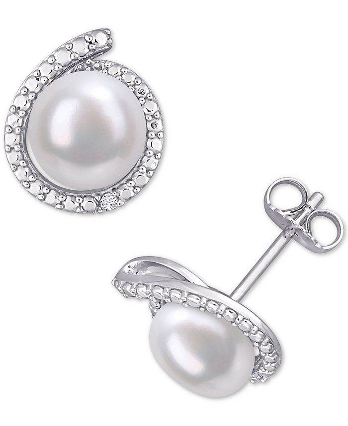 Macy's - Cultured Freshwater Pearl (8mm) & Diamond Accent Stud Earrings in Sterling Silver