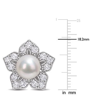 Macy's - Cultured Freshwater Pearl (8-1/2mm) & Lab-Created White Sapphire (2-3/4 ct. t.w.) Flower Stud Earrings in Sterling Silver