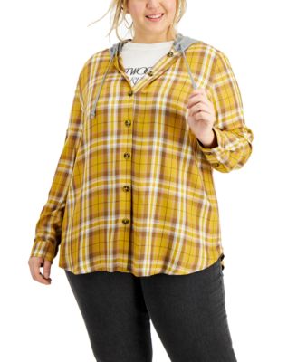 plus size hooded plaid shirt