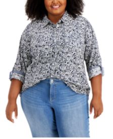 Plus Size Cotton Floral Print Button-Up Shirt