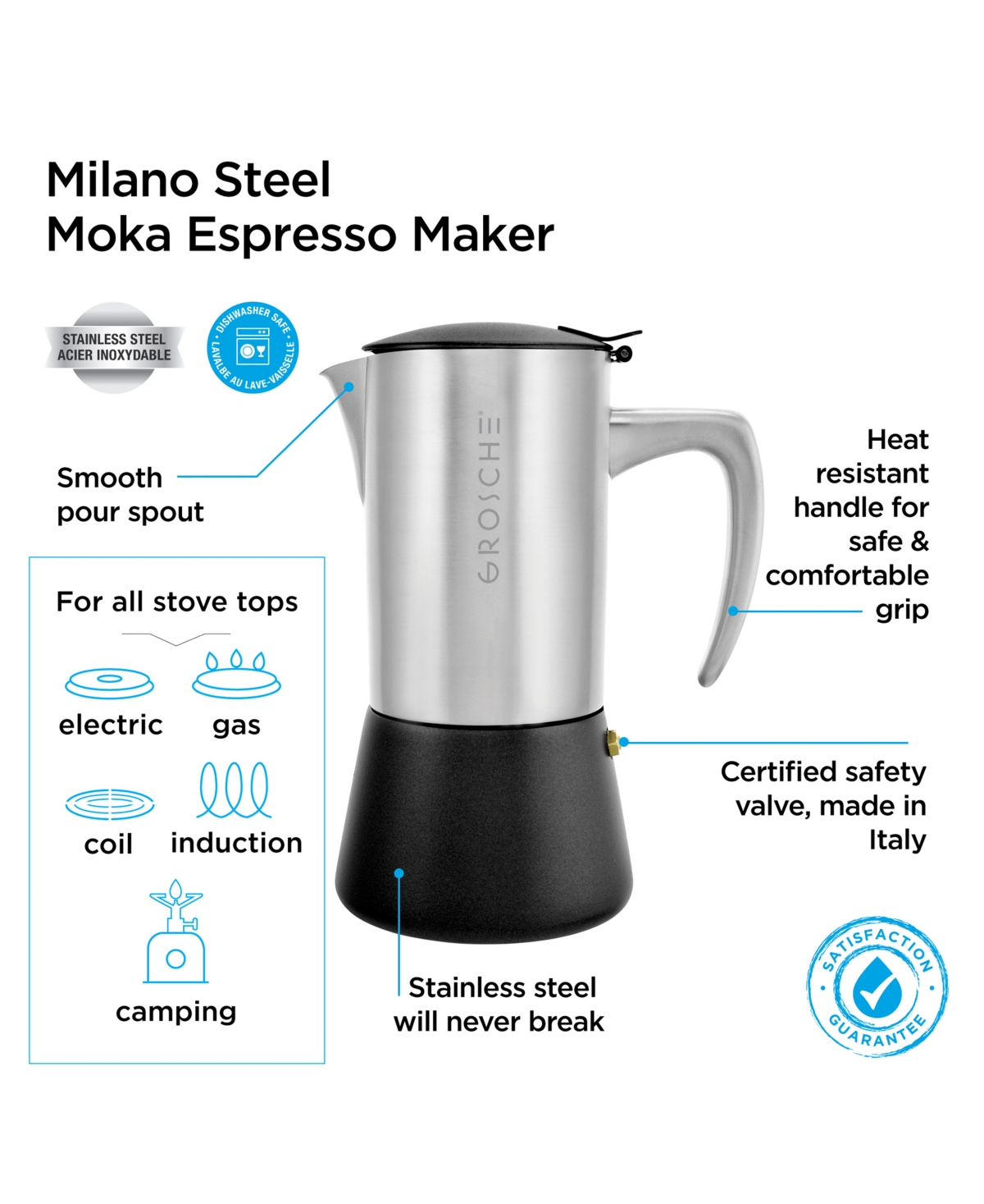 Grosche Milano Steel Stainless Steel Stovetop Espresso Maker Moka Pot 6 Espresso Cup Size