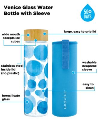 Venice Glass Water Bottle with Bamboo Lid and Protective Sleeve, 22.6 fl oz Capacity