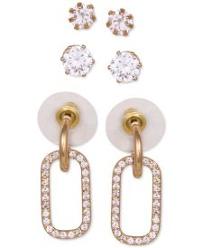 Gold-Tone 3-Pc. Set Crystal Stud & Oval Drop Earrings