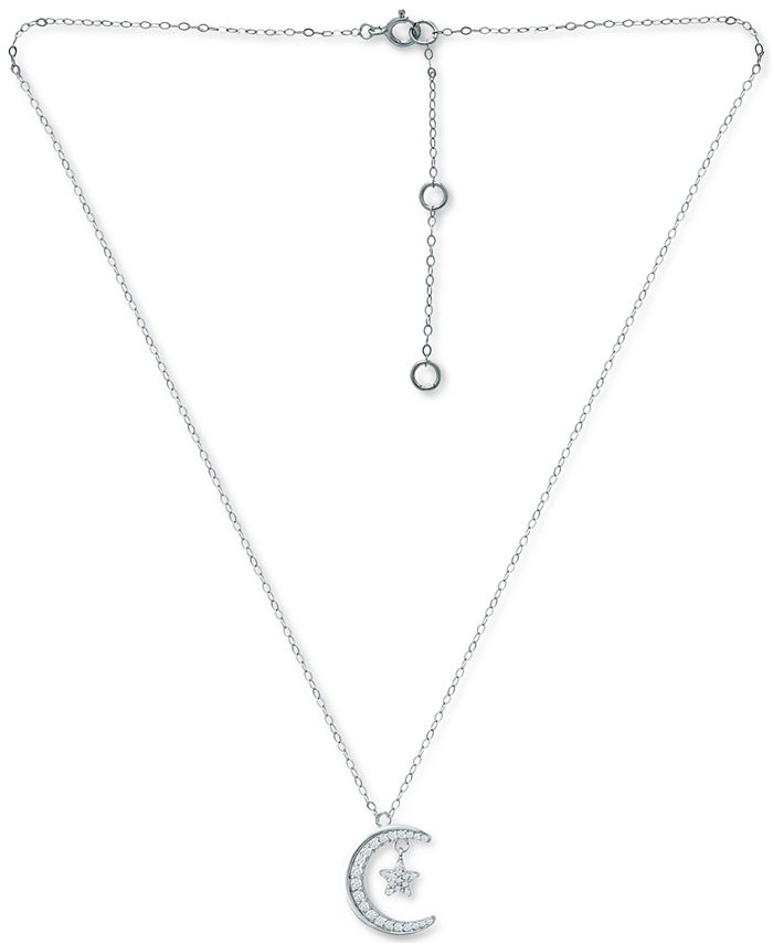 Collier Pendentif Lune Et étoiles En Zirconium Cubique - Argenté, Longueur 16+2 Pouces, Neuf