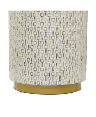Mother of Pearl Drum Accent Table with Linear Mosaic Pattern and Gold Base