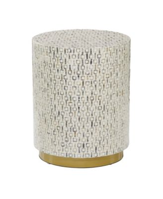 Mother of Pearl Drum Accent Table with Linear Mosaic Pattern and Gold Base