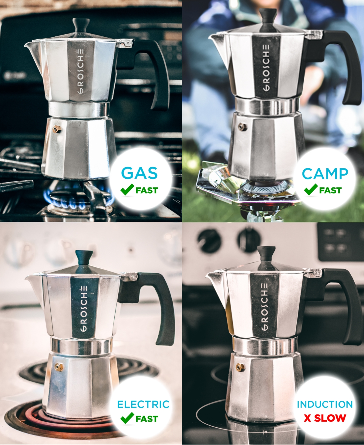 Grosche Milano Stovetop Espresso Maker Moka Pot 3 Espresso Cup Size - Silver-Tone